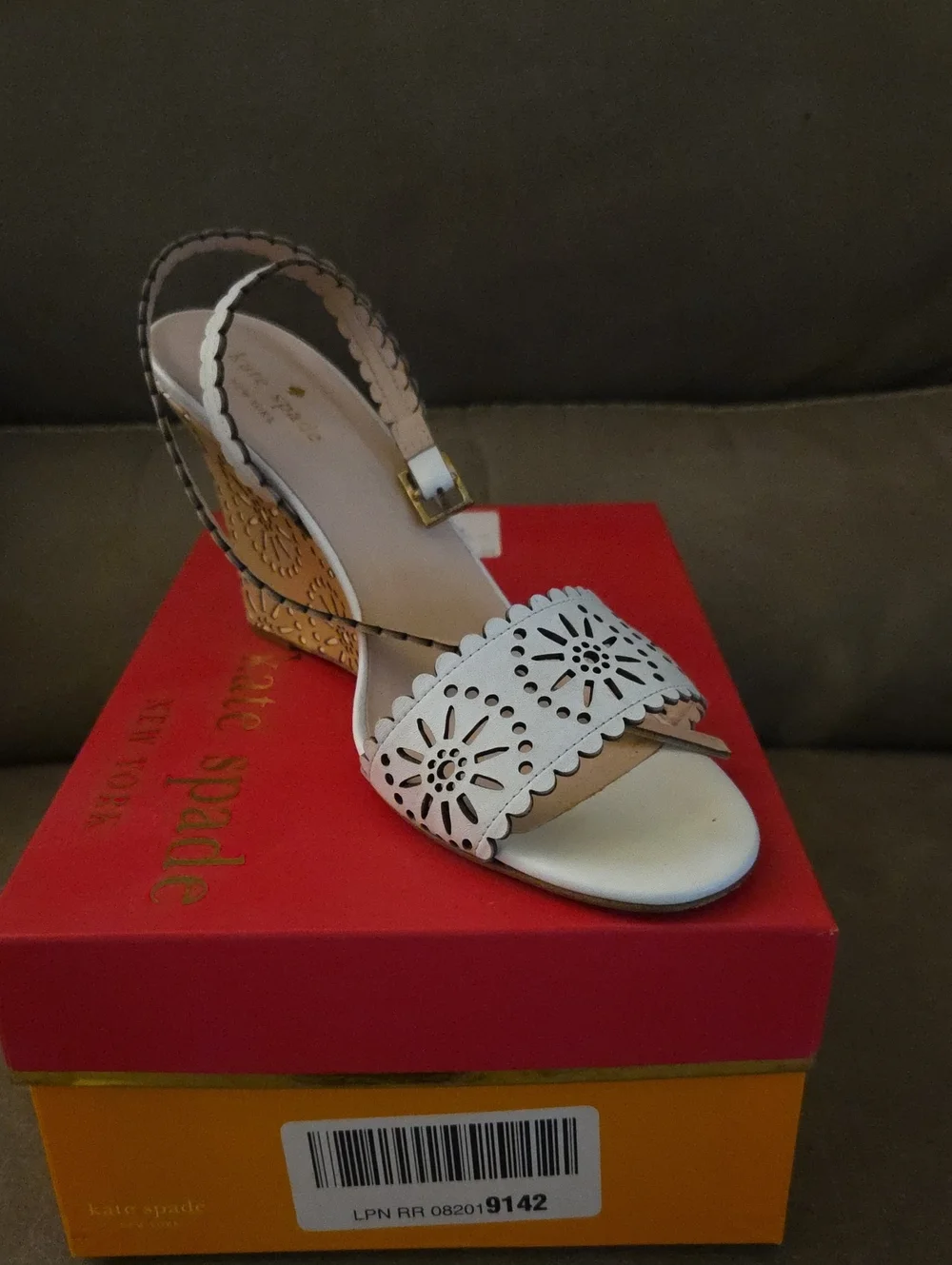 kate spade White and Tan Laser-Cut Slingback Wedges